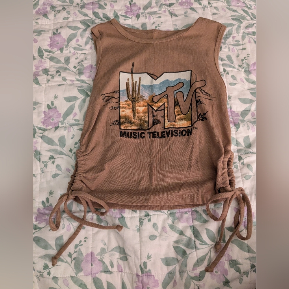 MTV Brown Ruched Side Tank Top with Desert Graphic